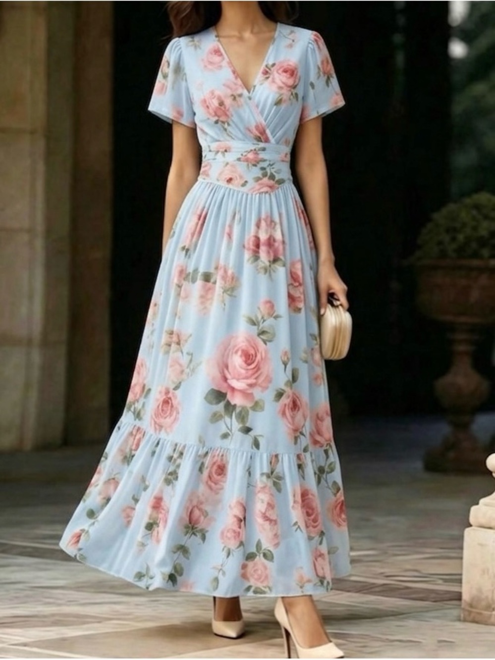 Floral Wrap Maxi Dress - Light Blue with Pink Roses